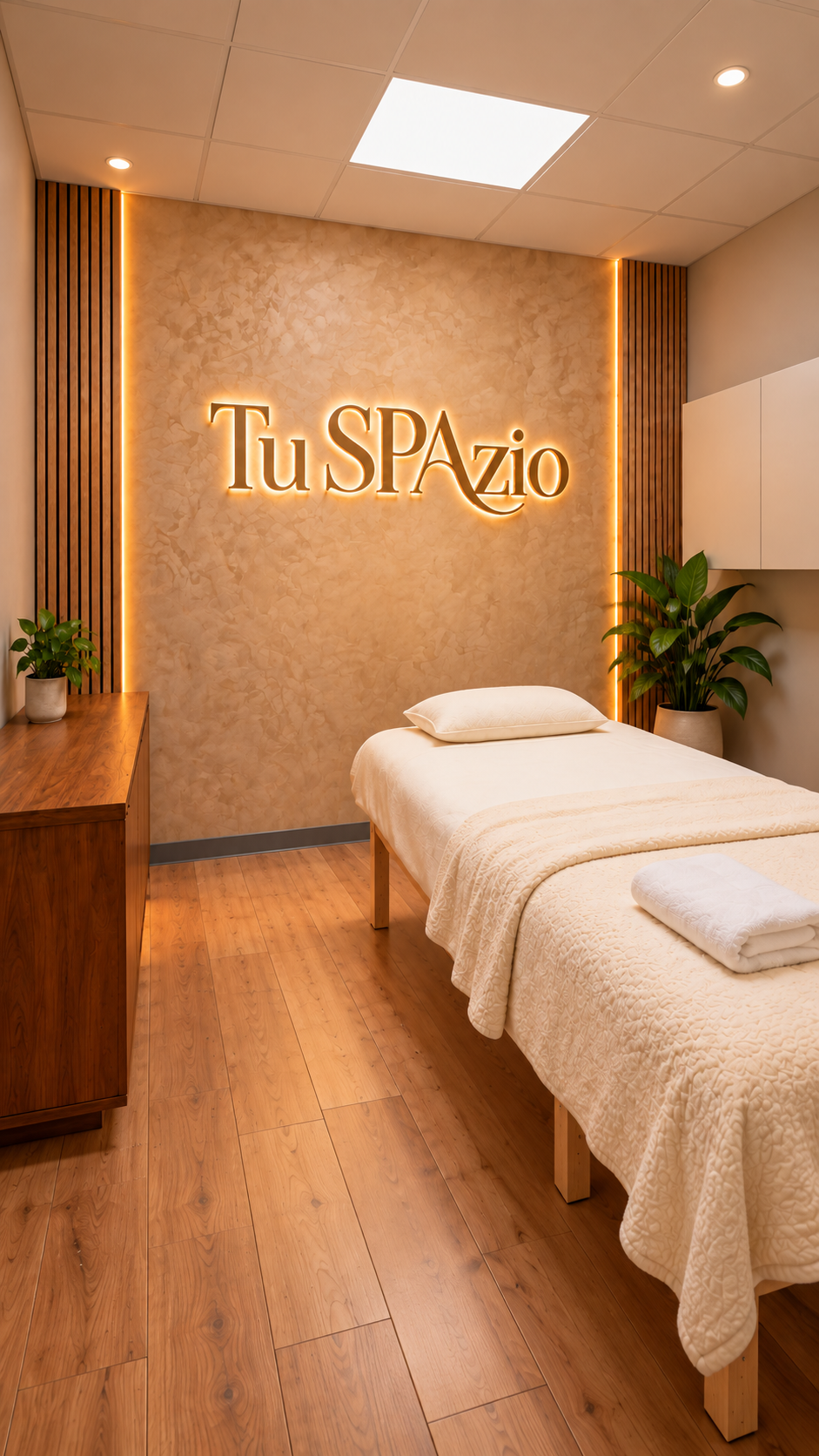 Portrait view of the Tu SPAzio treatment suite with its illuminated sign, treatment bed, plants, and warm wood details
